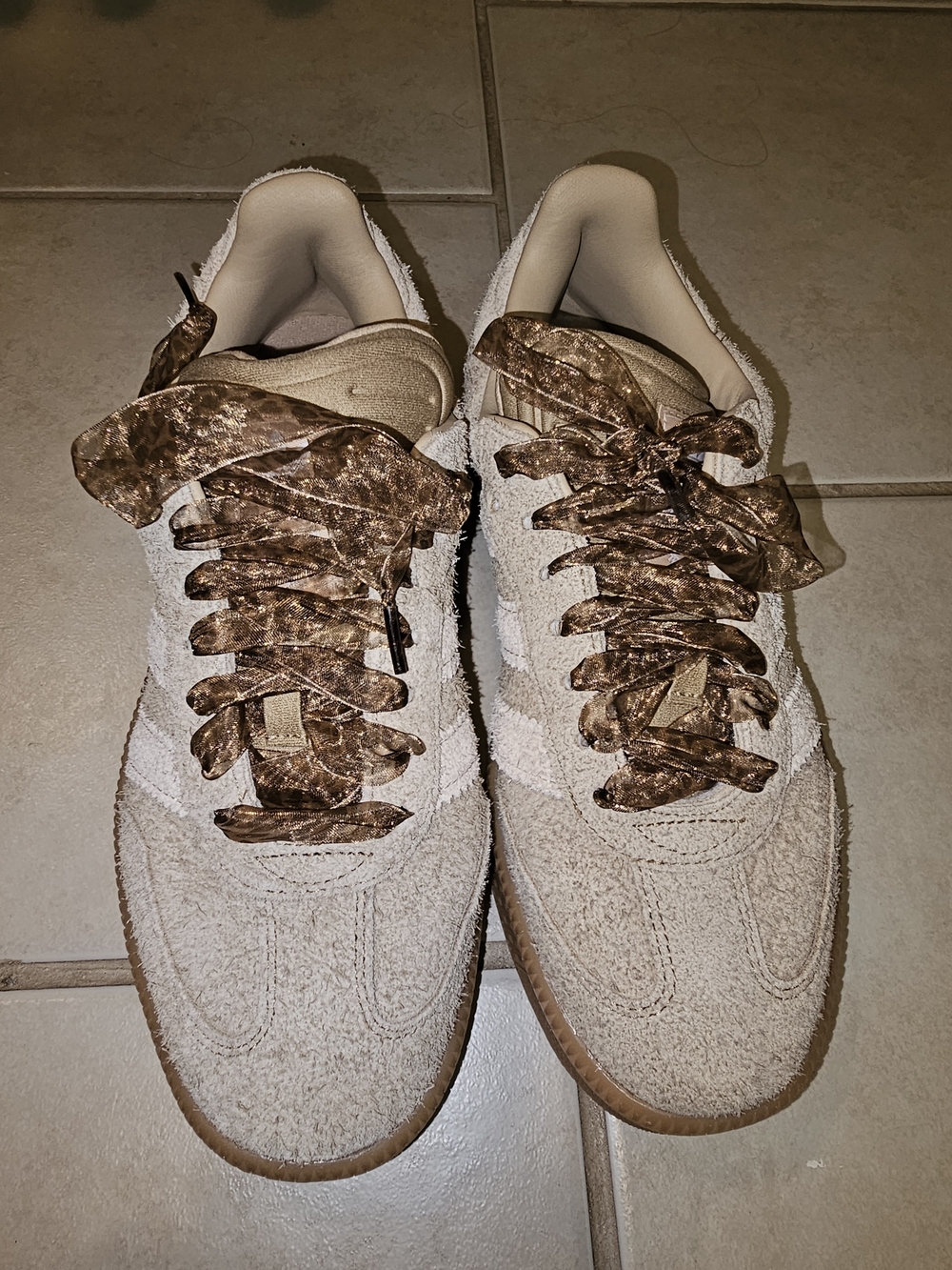 adidas Men's Beige Suede-Look Terry Sneakers with Brown Patterned Laces